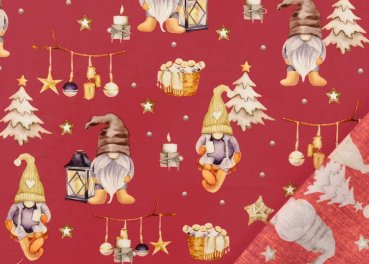 Wichtel und Laterne Weihnachtsstoff mit süßen Wichteln auf Baumwolle Popeline Webware